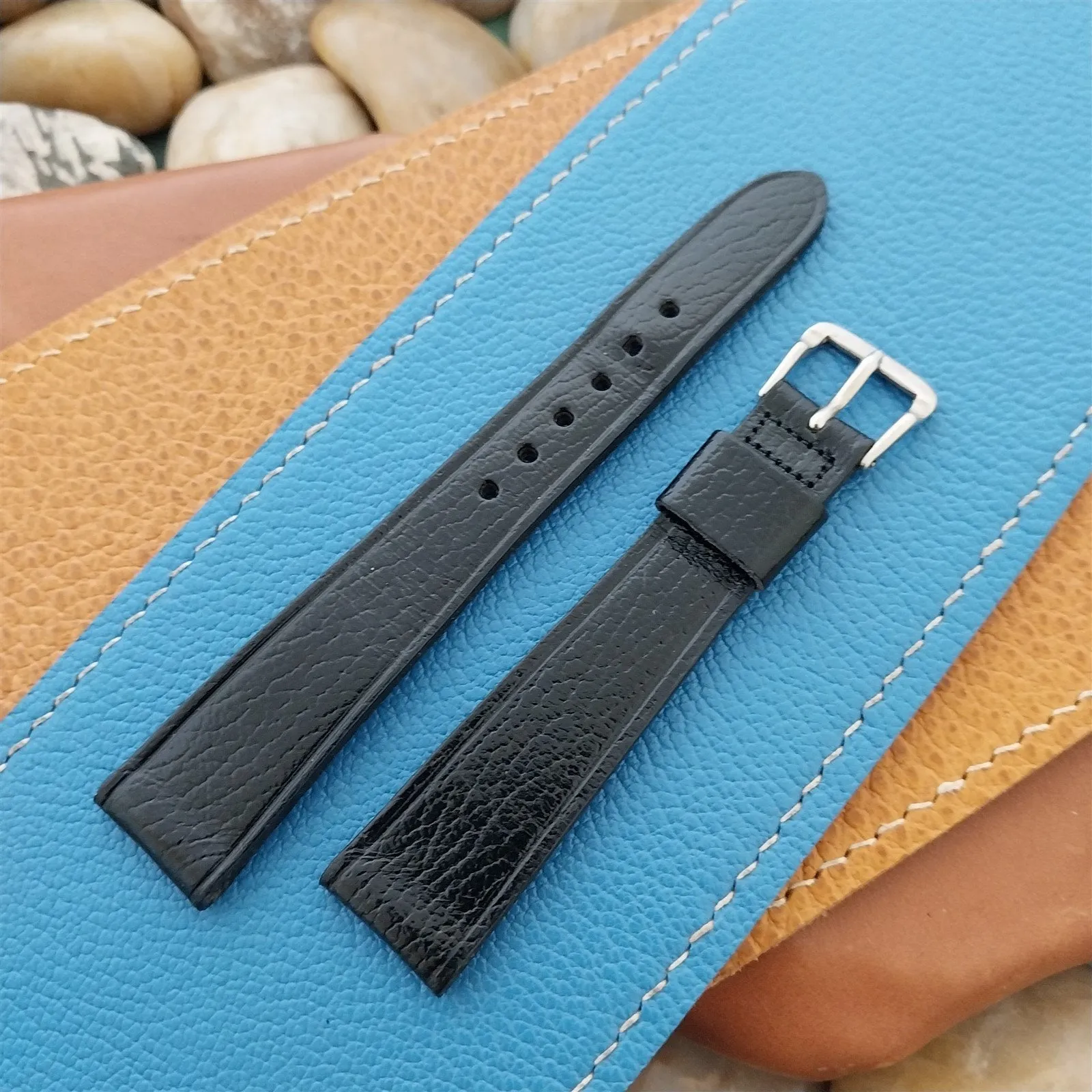 17mm Caravelle Bulova Black Leather Unused Classic nos 1970s Vintage Watch Band
