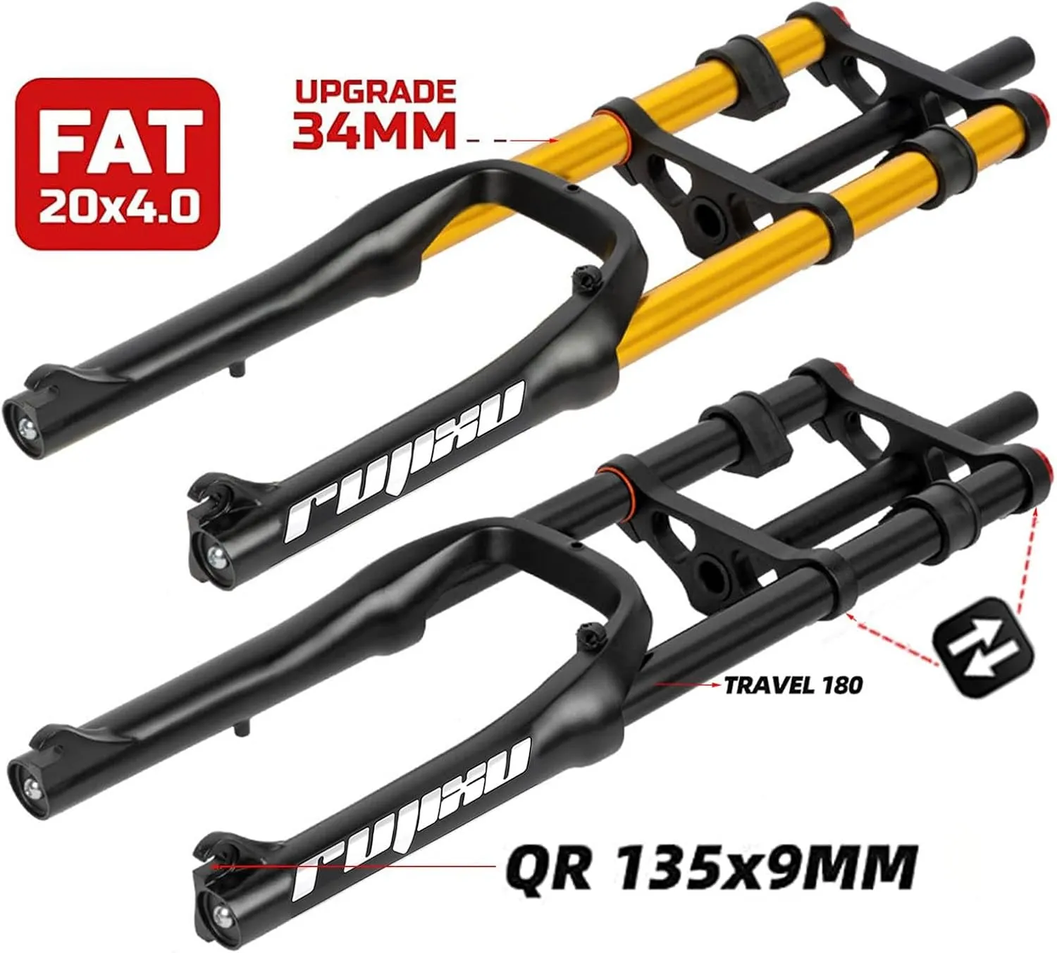 20 Inch Bike Fat Fork 4.0" Tire Air Suspension Fork Double Shoulder 1-1/8" Disc Brake QR 135mm Travel 140mm Adjustable Rebound for Snow Beach XC Bicycle 2880g