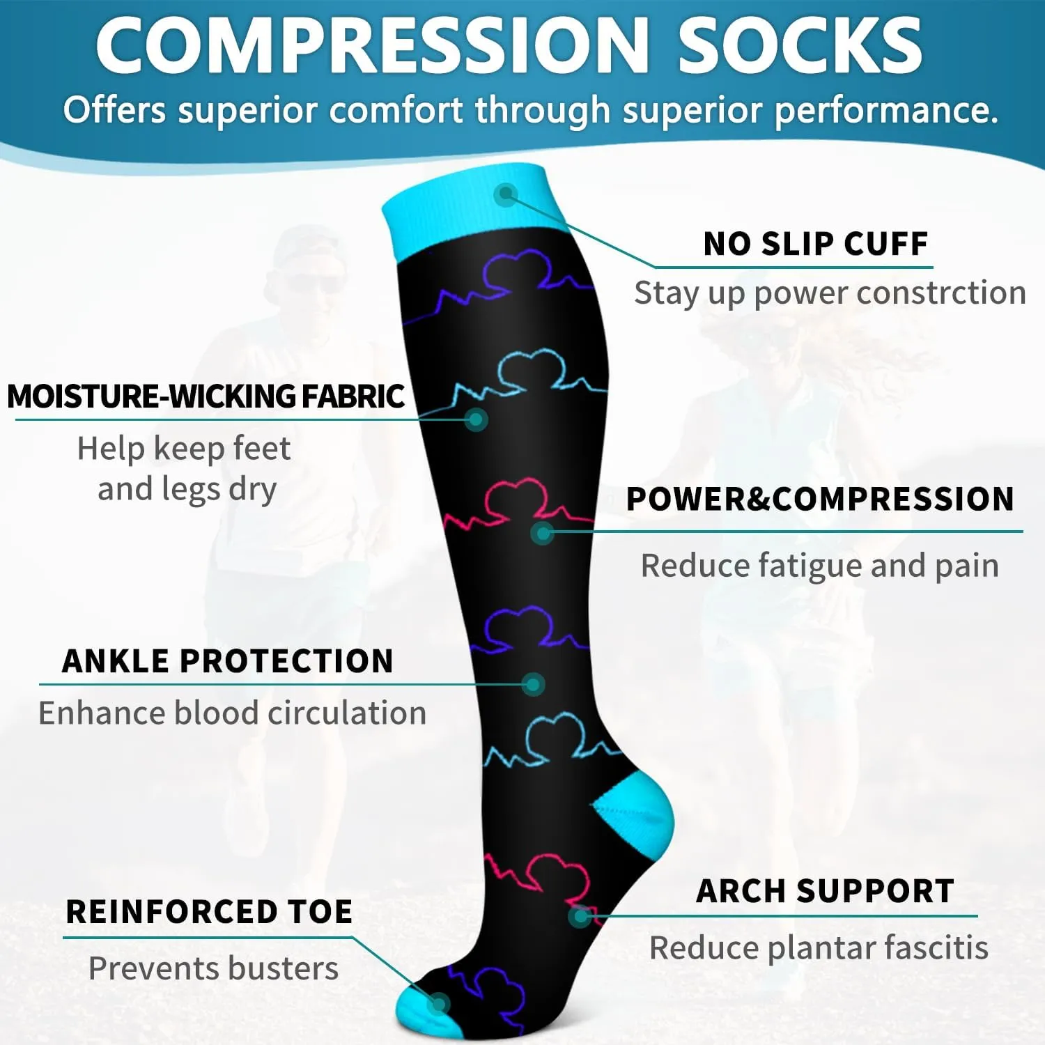 6 Pack Copper Compression Socks for Women and Men Circulation-Best Support for Medical, Running,Nursing,Athletic