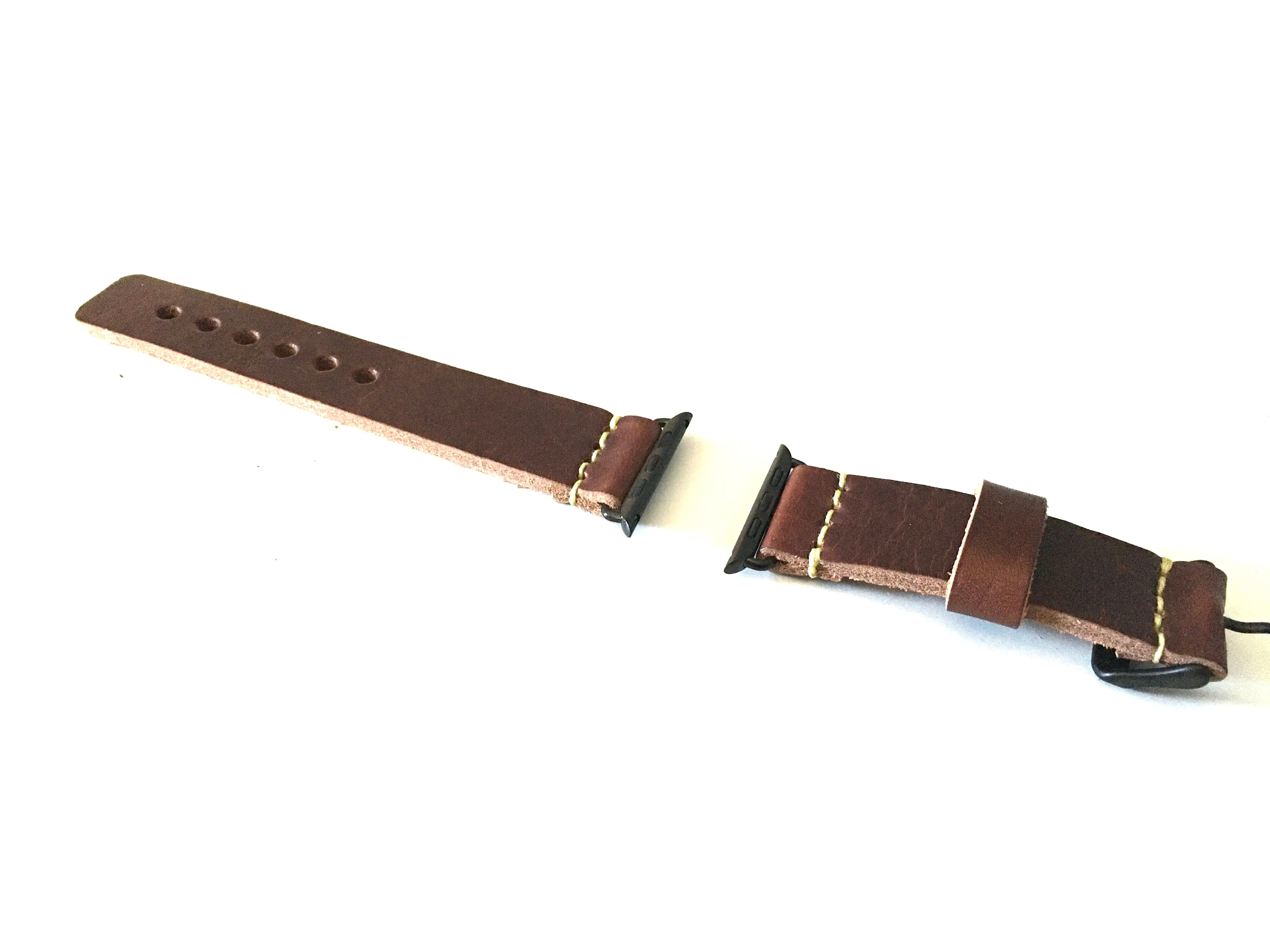 Artisan Rugged Apple Watch Strap, Horween Dublin Leather Band with Lime Green Waxed Thread, Horween Dublin Brown Nut Color