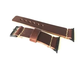 Artisan Rugged Apple Watch Strap, Horween Dublin Leather Band with Lime Green Waxed Thread, Horween Dublin Brown Nut Color