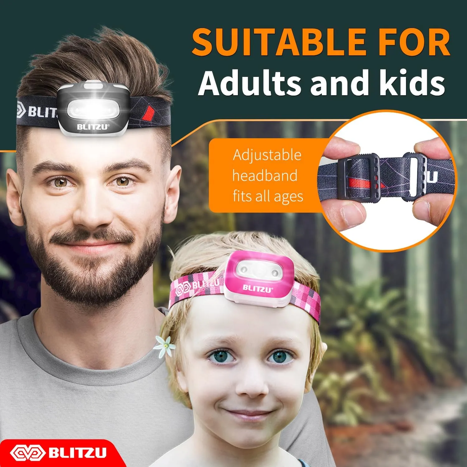 BLITZU LED Headlamp Flashlight for Adults & Kids, Lightweight, Waterproof Head Lamp with White & Red Light, Comfortable Headband, Perfect for Running, Camping, Hiking, 3 AAA Batteries Included, White