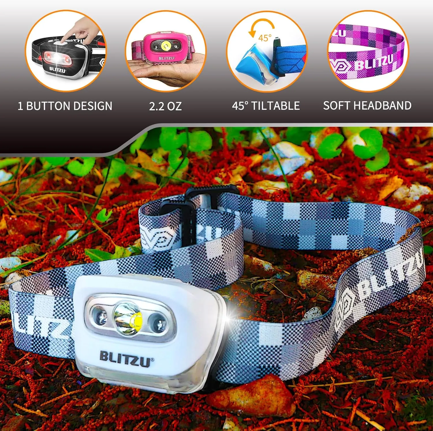 BLITZU LED Headlamp Flashlight for Adults & Kids, Lightweight, Waterproof Head Lamp with White & Red Light, Comfortable Headband, Perfect for Running, Camping, Hiking, 3 AAA Batteries Included, White