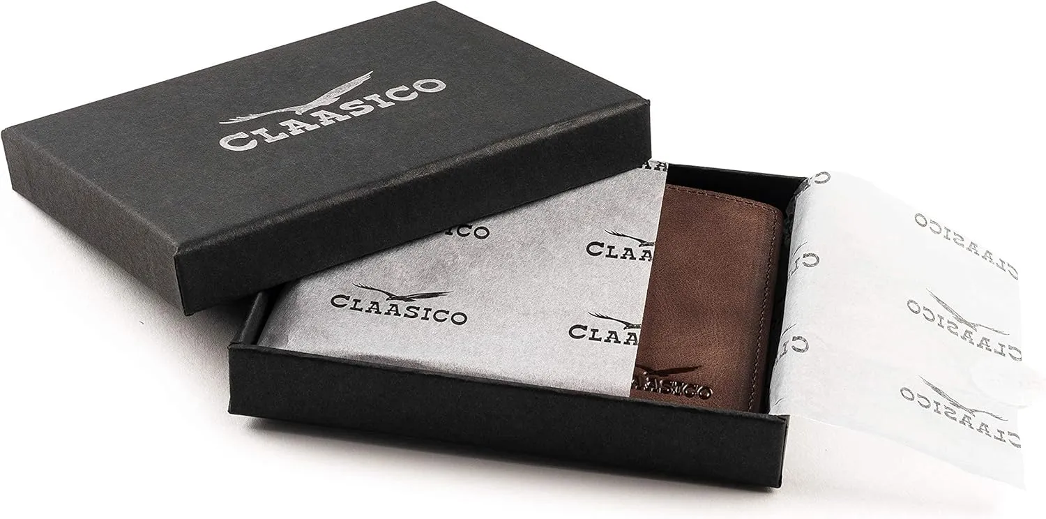 Claasico Mens Bifold Wallet for Men  Genuine Leather RFID Wallet, Slim Billfold Cardholder w/ID Window  Gift Box Included