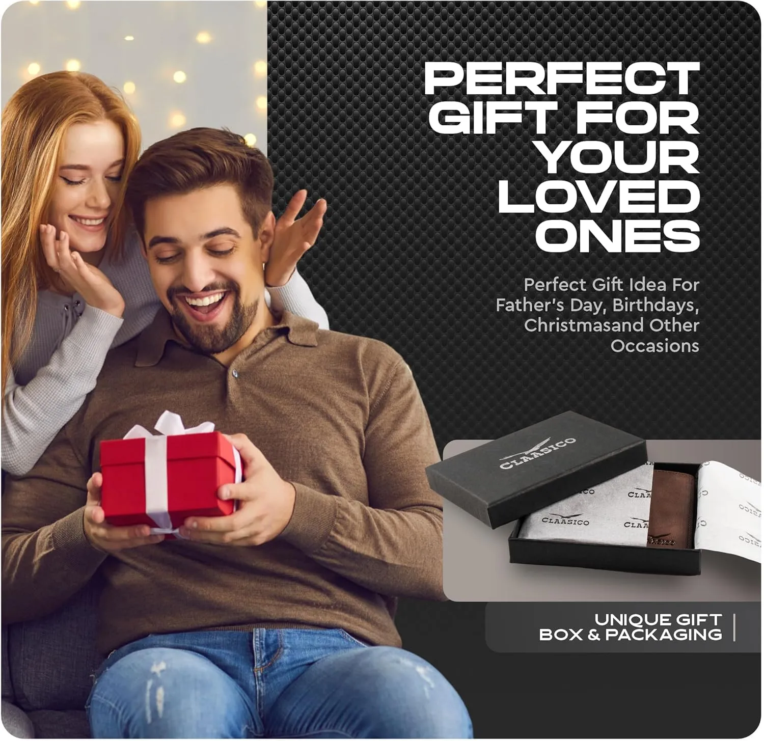 Claasico Mens Bifold Wallet for Men  Genuine Leather RFID Wallet, Slim Billfold Cardholder w/ID Window  Gift Box Included