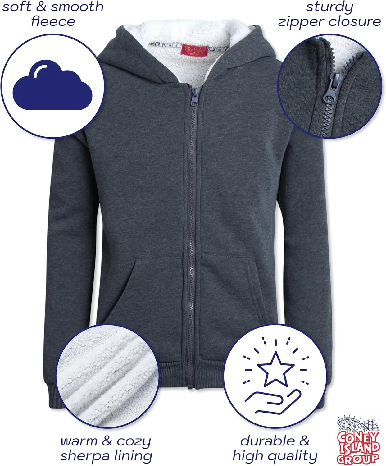 Coney Island Girls Hoodie - Cozy Soft Fleece Sherpa Lined Zip Up Hoodie Sweatshirt for Girls (Sizes Run Small: 4-16)