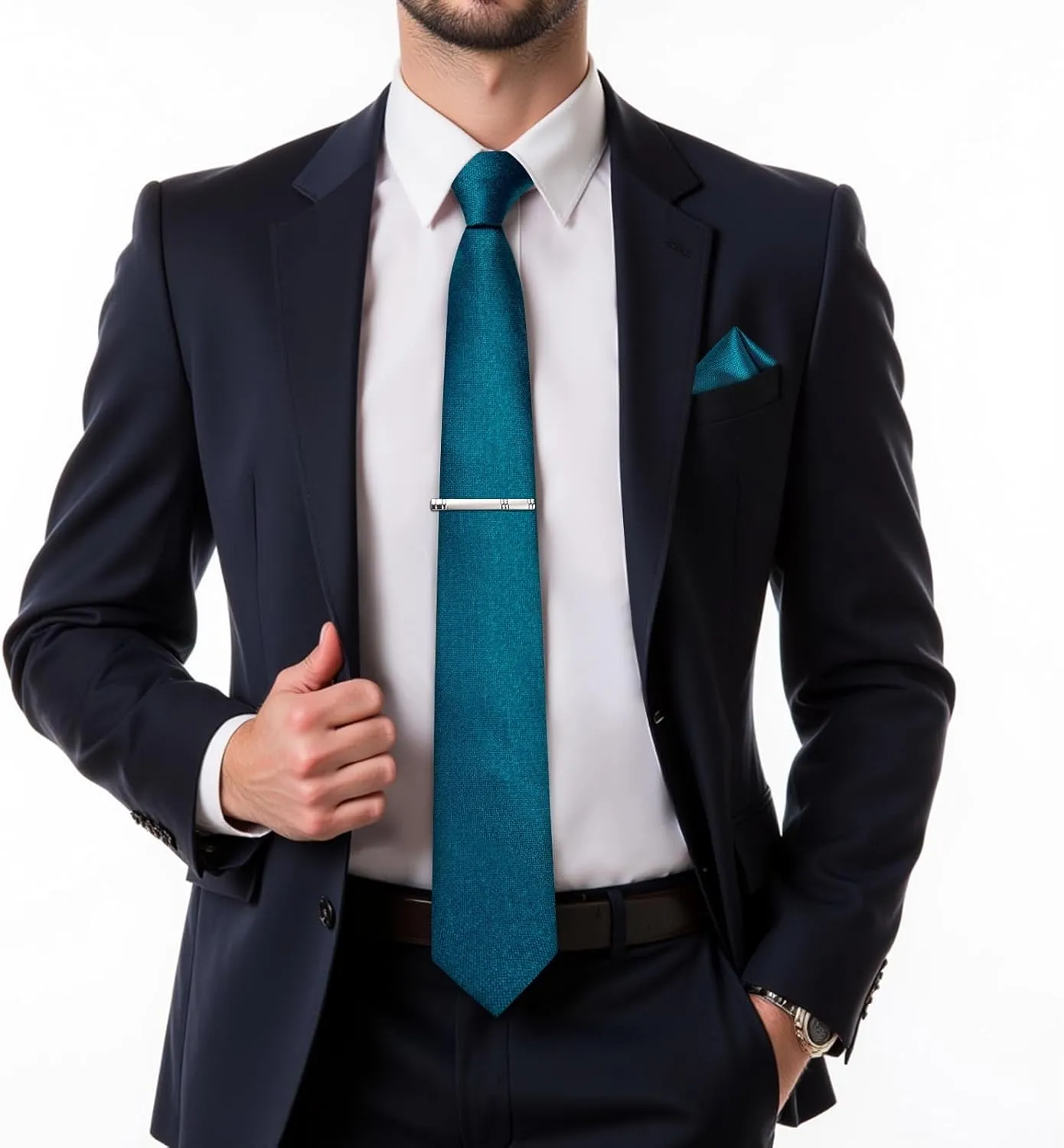 DiBanGu Mens Silk Necktie Solid Color Tie and Pocket Square Cufflink Tie Clip Set Woven Plain Ties for Men Wedding Party