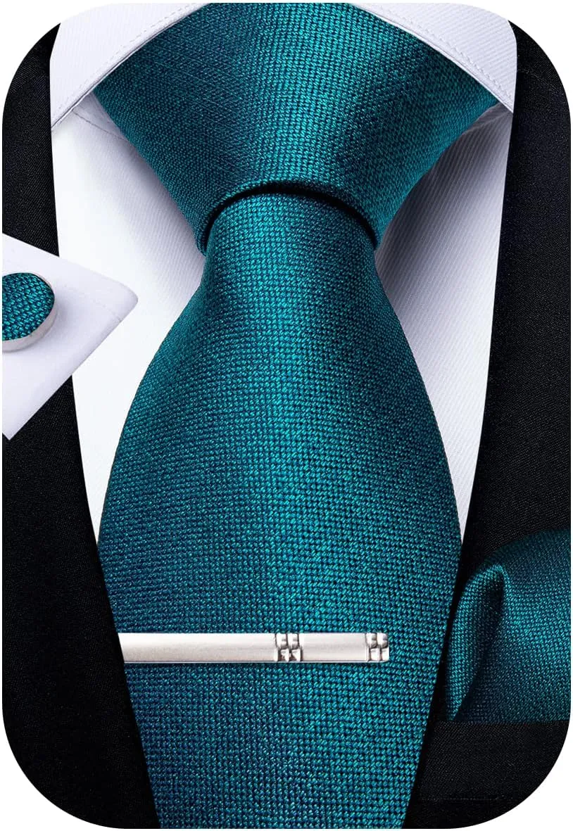 DiBanGu Mens Silk Necktie Solid Color Tie and Pocket Square Cufflink Tie Clip Set Woven Plain Ties for Men Wedding Party