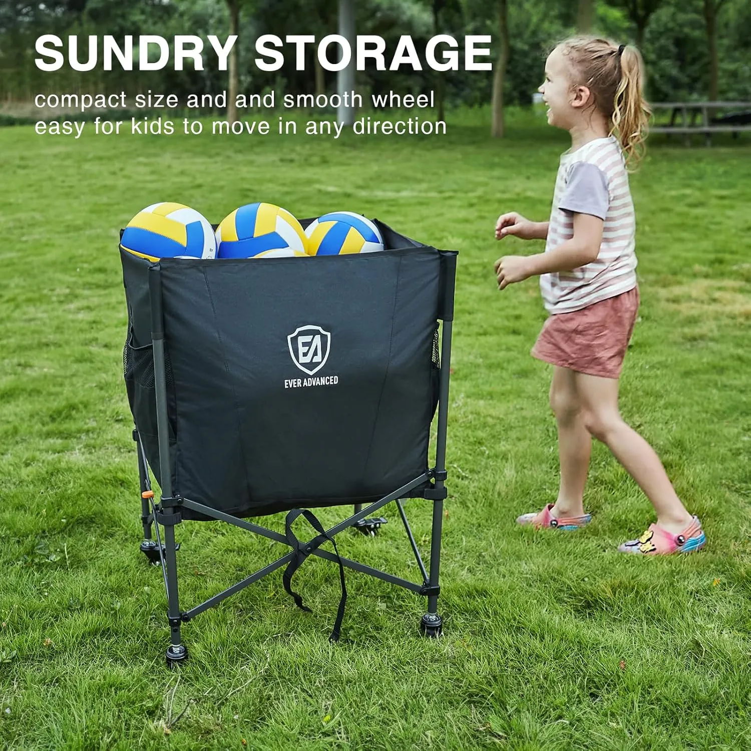 EVER ADVANCED Rolling Ball Storage Cart with Lockable Wheels, 33 x 22.8in Collapsible Garage Sports Equipment Organizer for Volleyball Basketball Tennis Toy Storage Multi-Sport Family Gym
