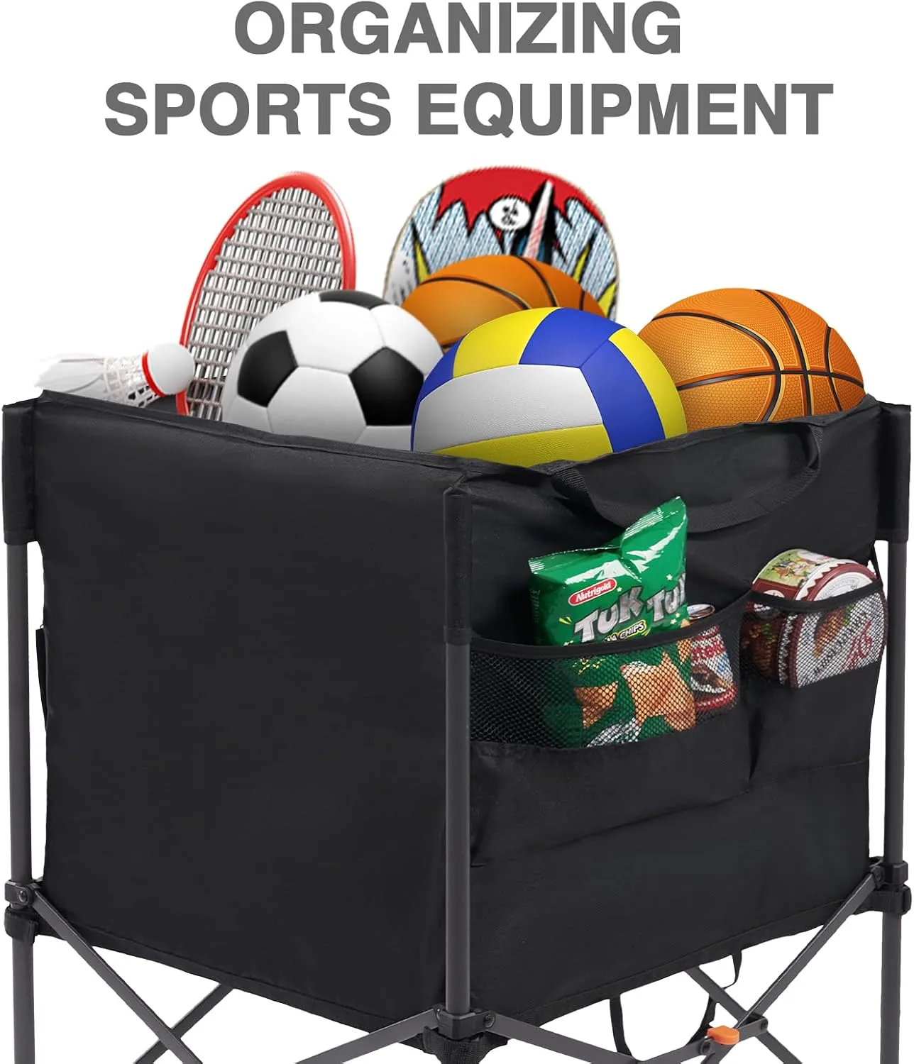 EVER ADVANCED Rolling Ball Storage Cart with Lockable Wheels, 33 x 22.8in Collapsible Garage Sports Equipment Organizer for Volleyball Basketball Tennis Toy Storage Multi-Sport Family Gym