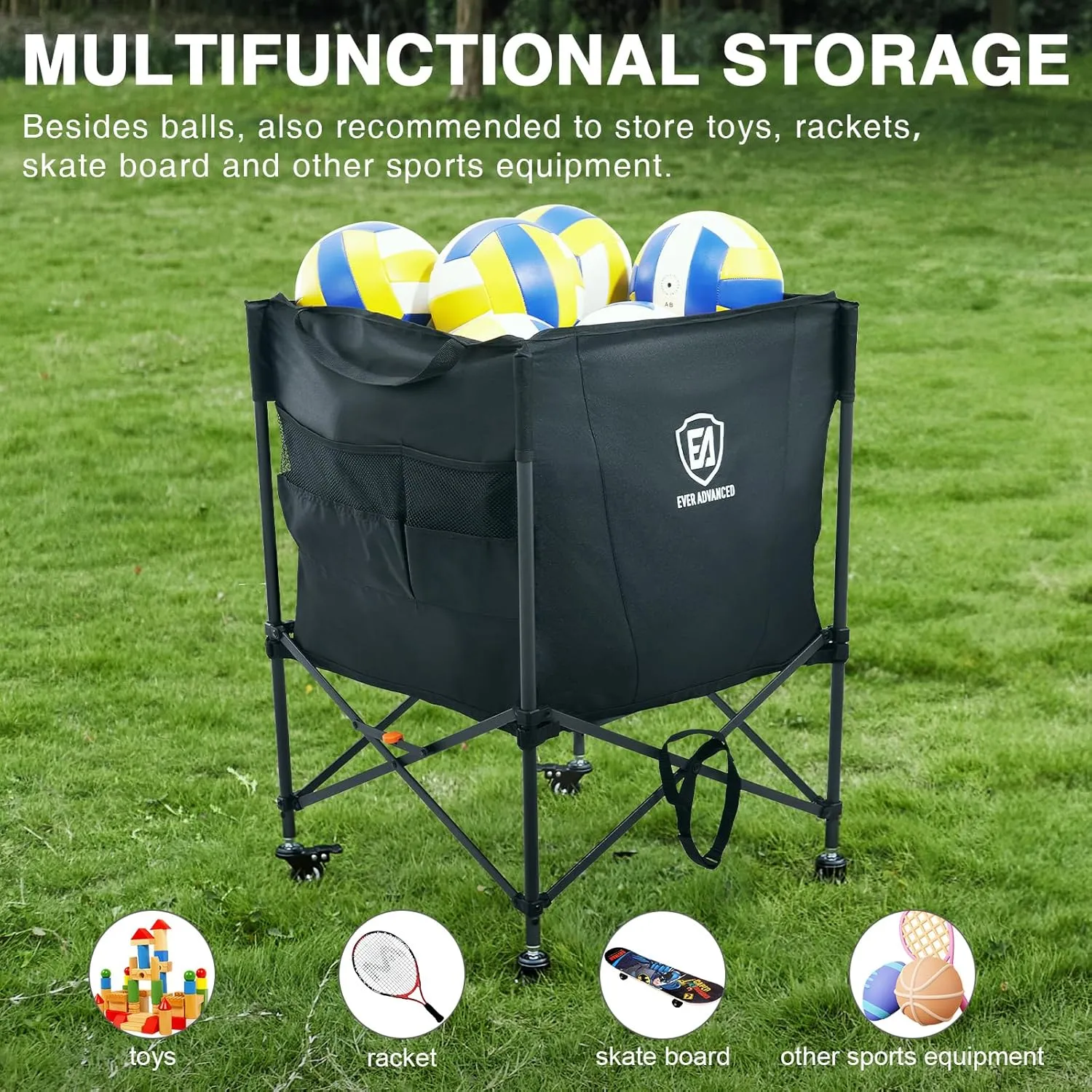 EVER ADVANCED Rolling Ball Storage Cart with Lockable Wheels, 33 x 22.8in Collapsible Garage Sports Equipment Organizer for Volleyball Basketball Tennis Toy Storage Multi-Sport Family Gym