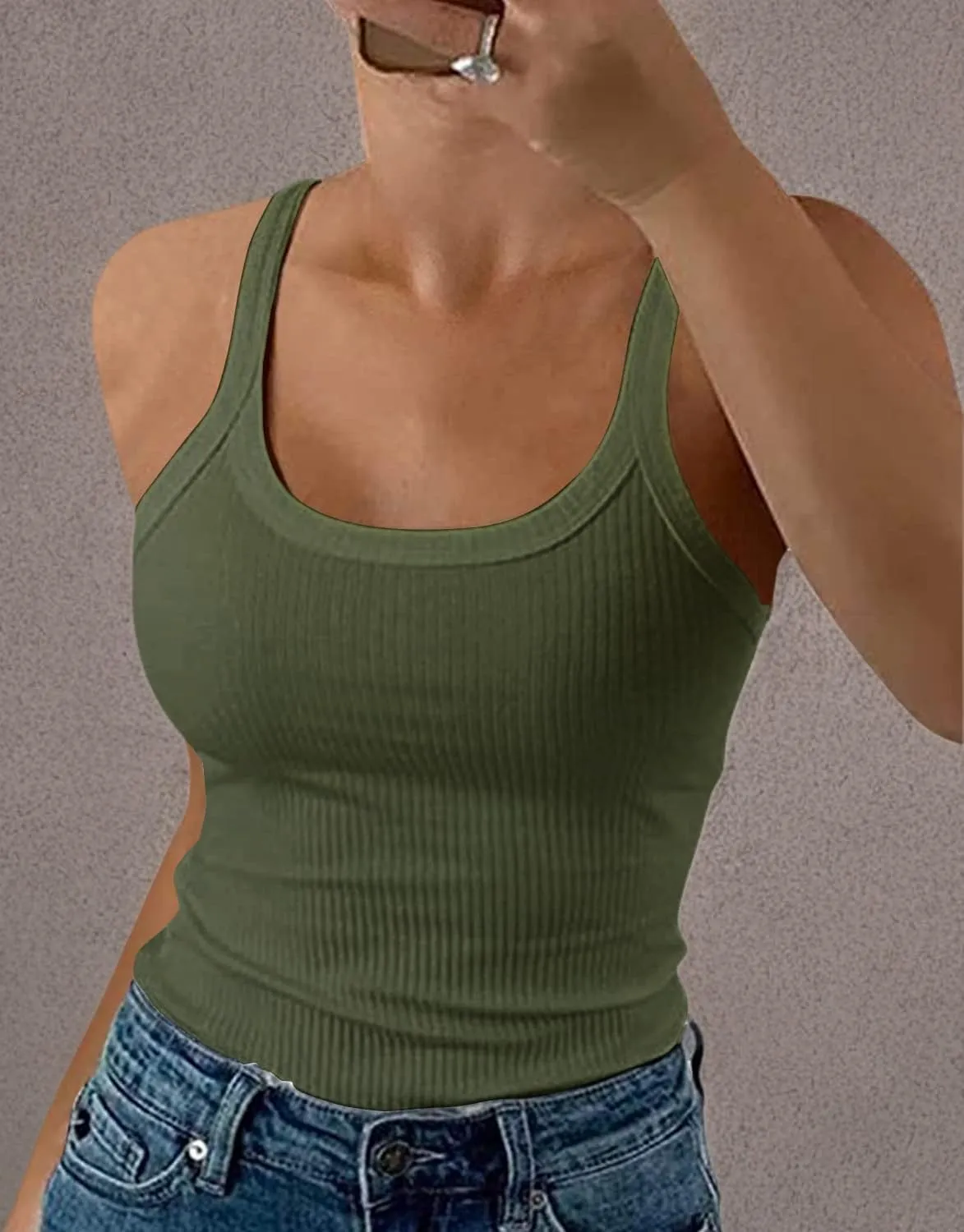 GEMBERA Women Spaghetti Strap Scoop Neck Ribbed Tank Tops Slim Fitted Cotton Camisole Basic Sleeveless Layering Shirts