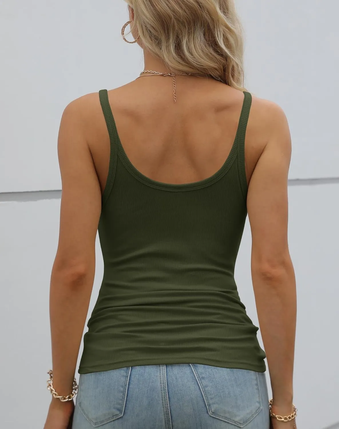 GEMBERA Women Spaghetti Strap Scoop Neck Ribbed Tank Tops Slim Fitted Cotton Camisole Basic Sleeveless Layering Shirts
