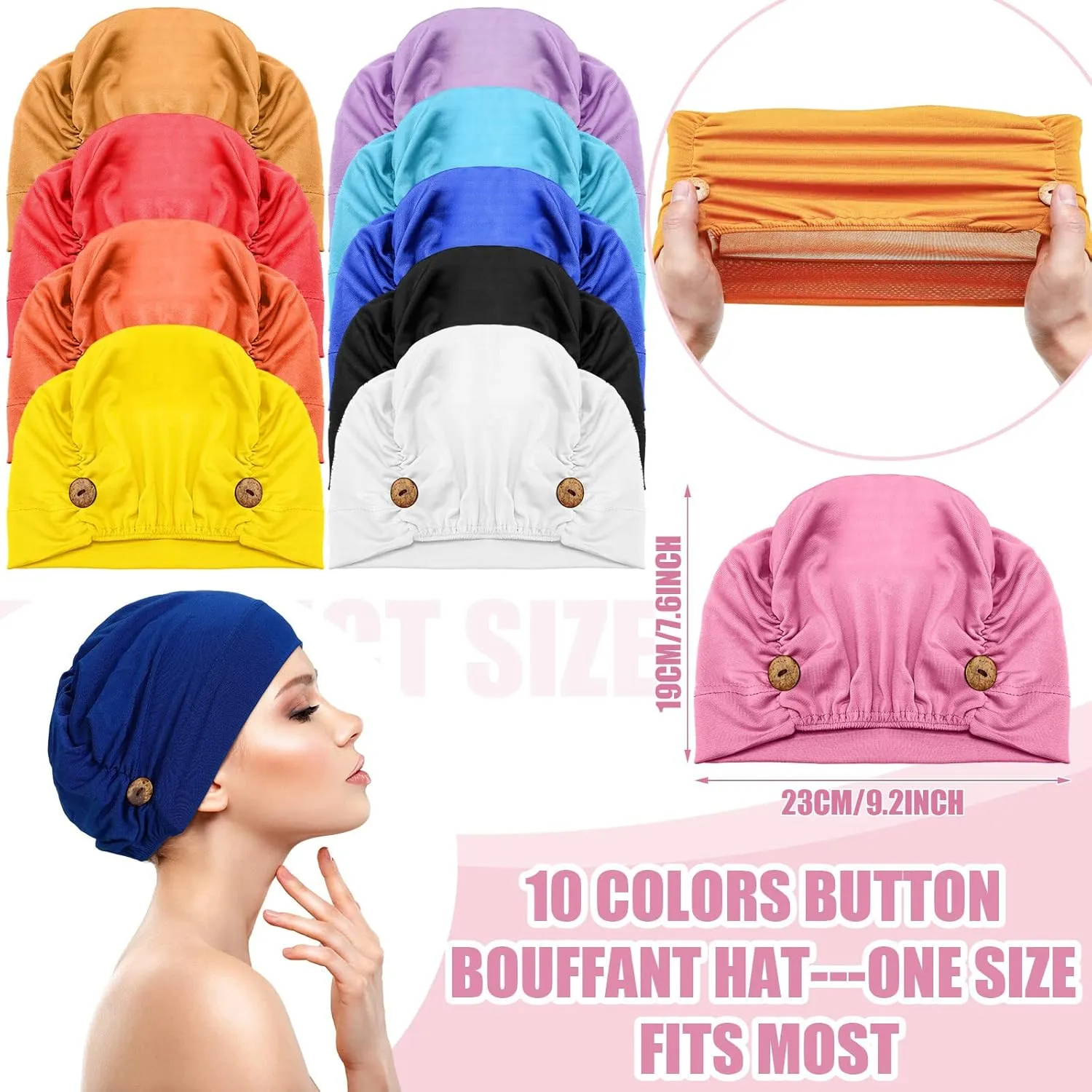 Geyoga 10 Pcs Soft Bouffant Caps with Buttons, Gourd-Shape Caps Stretch Bouffant Hat Stretchy Headband Turban (Bright Colors)