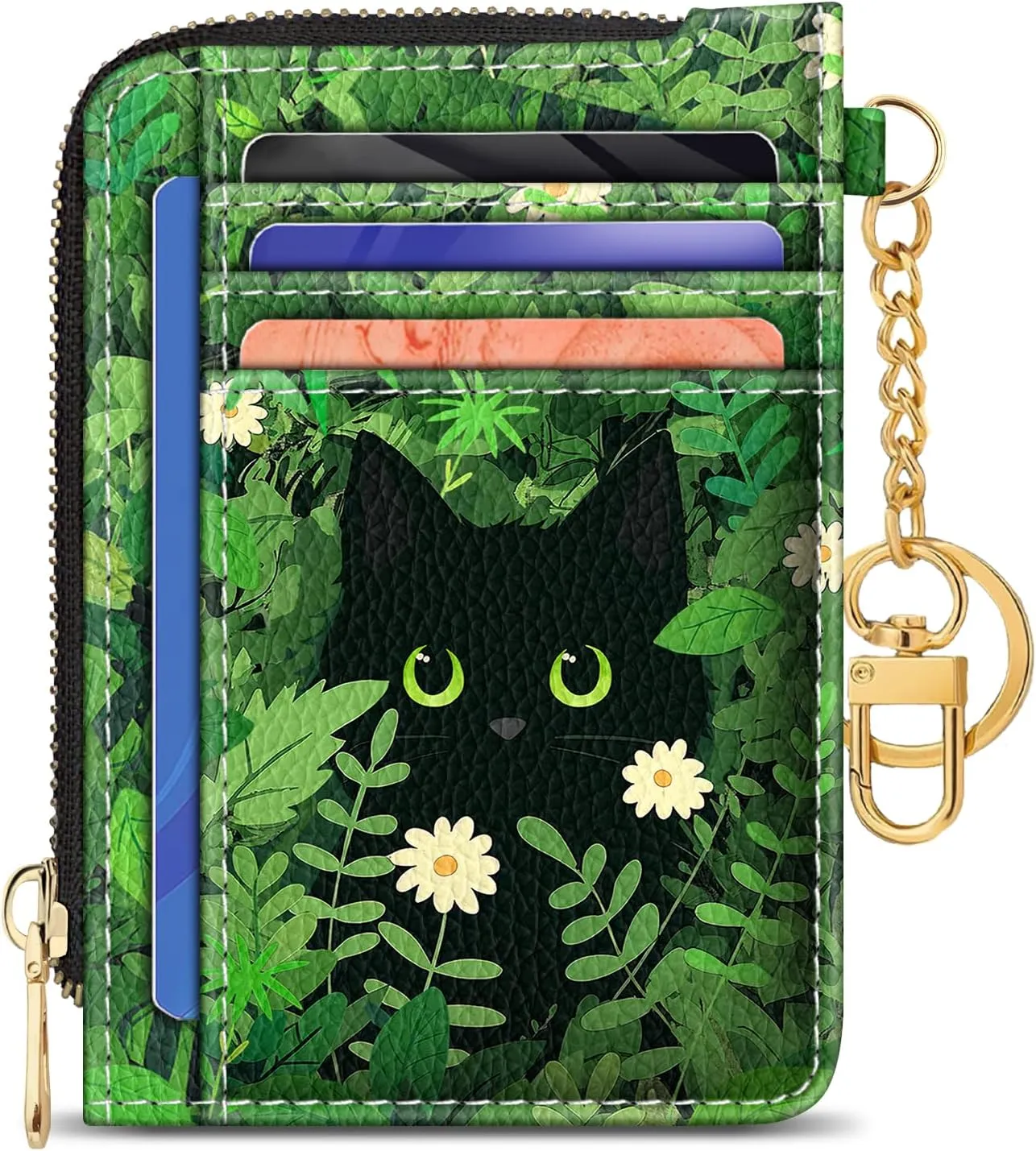 GIANCOMICS Slim Wallet Credit Card Holder Women, Black Cat Flower Rfid Blocking Small Card Case, Keychain Thin Pocket Curved Zipper Wallet, Travel Card Holder PU Leather ID Window, Ladies Female Gift