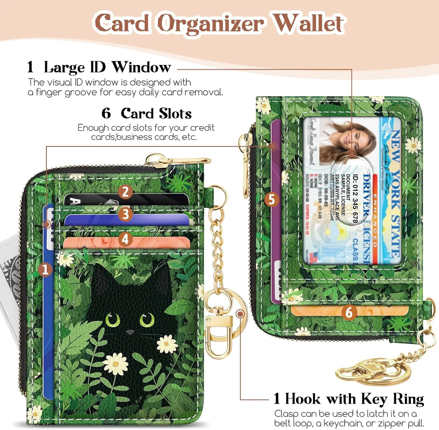 GIANCOMICS Slim Wallet Credit Card Holder Women, Black Cat Flower Rfid Blocking Small Card Case, Keychain Thin Pocket Curved Zipper Wallet, Travel Card Holder PU Leather ID Window, Ladies Female Gift