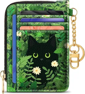 GIANCOMICS Slim Wallet Credit Card Holder Women, Black Cat Flower Rfid Blocking Small Card Case, Keychain Thin Pocket Curved Zipper Wallet, Travel Card Holder PU Leather ID Window, Ladies Female Gift