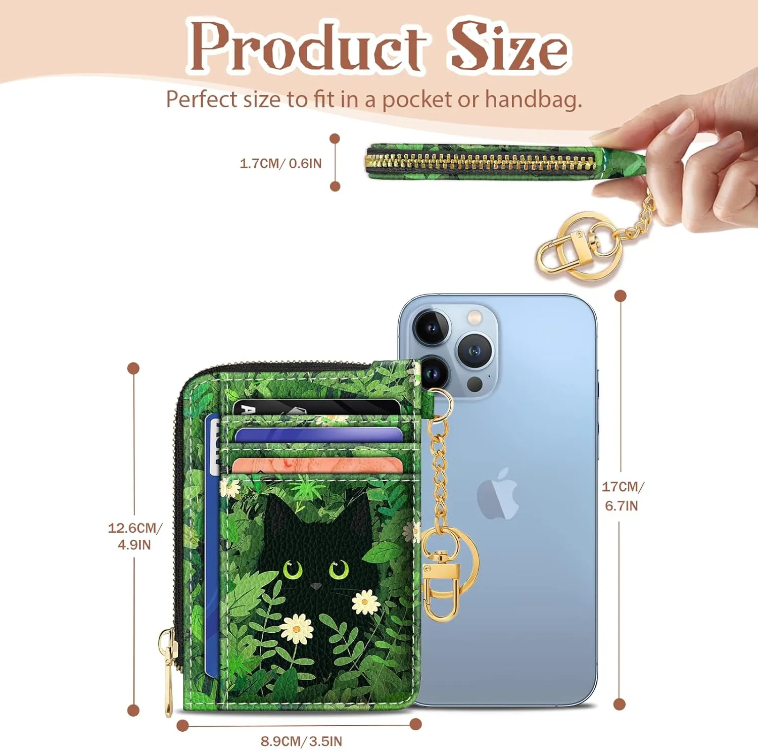 GIANCOMICS Slim Wallet Credit Card Holder Women, Black Cat Flower Rfid Blocking Small Card Case, Keychain Thin Pocket Curved Zipper Wallet, Travel Card Holder PU Leather ID Window, Ladies Female Gift