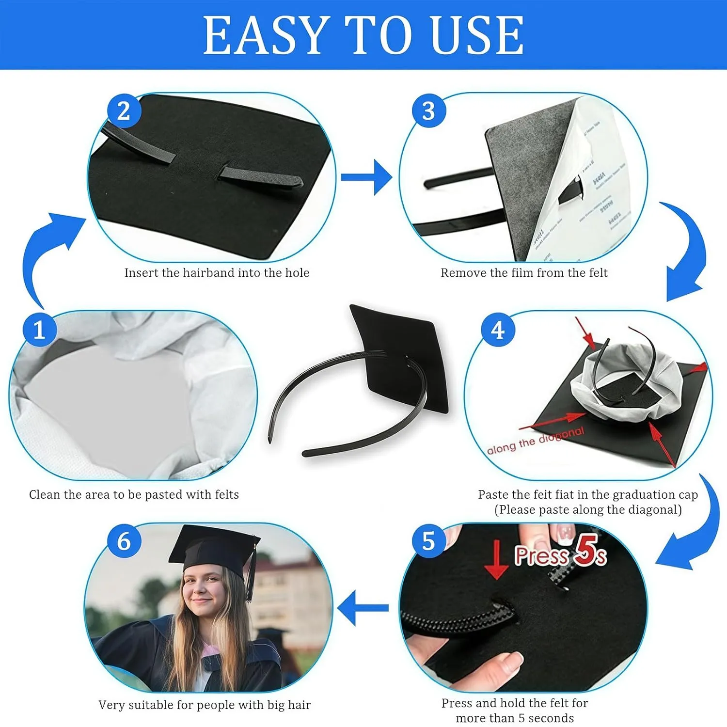 Graduation Cap Headband Insert, Grad Caps Headband Insert, Adjustable, Secures Cap and Keeps Hairstyle, Upgraded Interior Design, Simple and Practical Anti-Fall Hairband for Graduation (2 Pack, M)