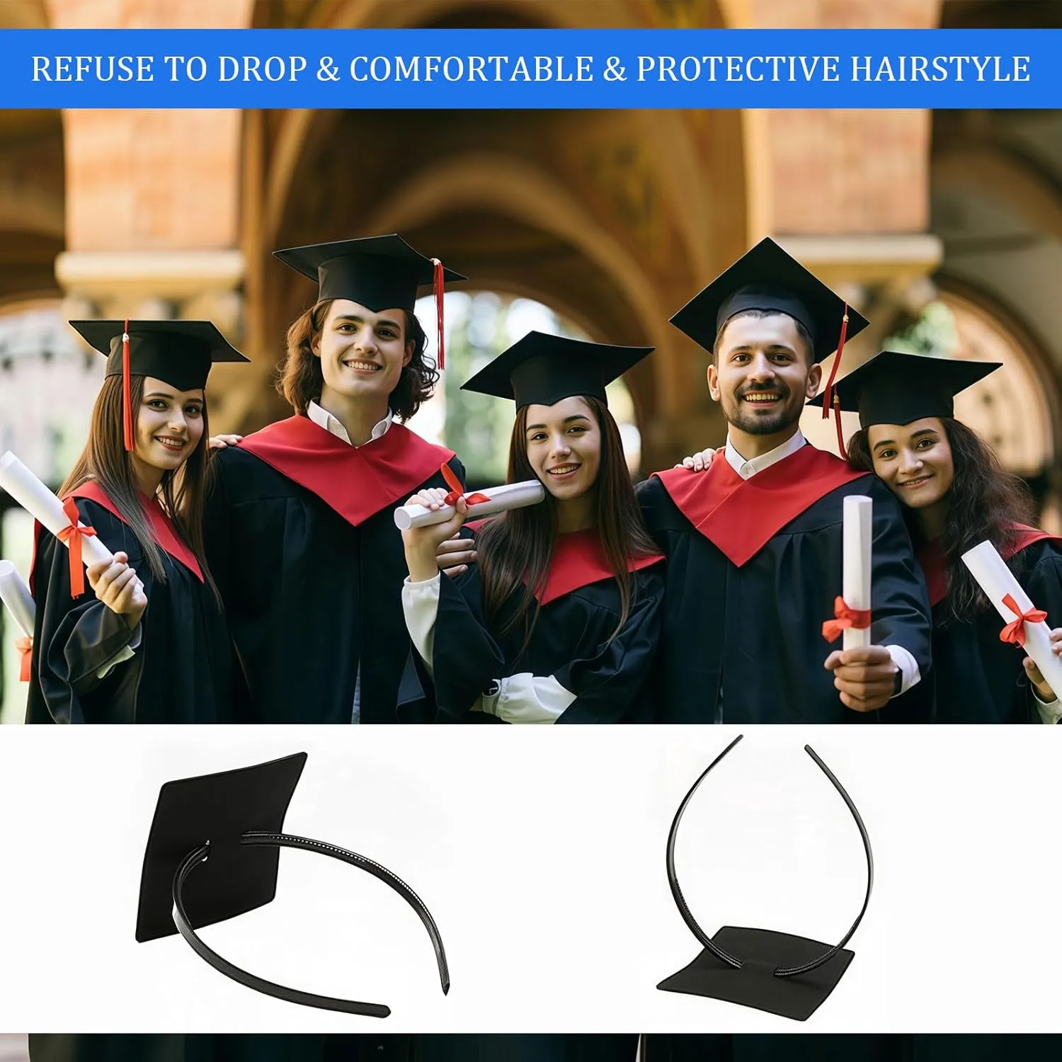 Graduation Cap Headband Insert, Grad Caps Headband Insert, Adjustable, Secures Cap and Keeps Hairstyle, Upgraded Interior Design, Simple and Practical Anti-Fall Hairband for Graduation (2 Pack, M)