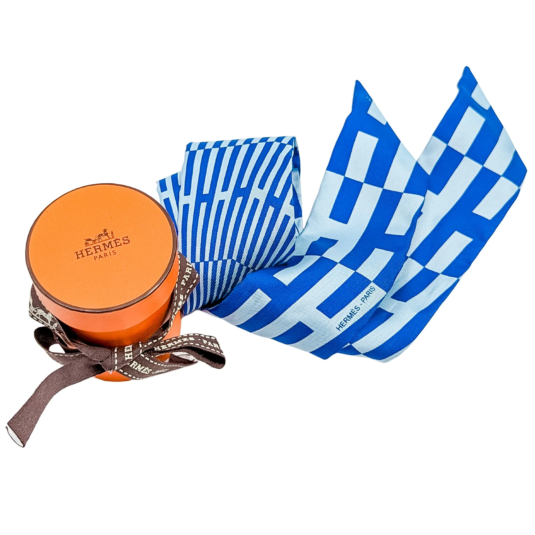 Hermes Twilly "H" Reversible Silk Scarf in Blue w/Box