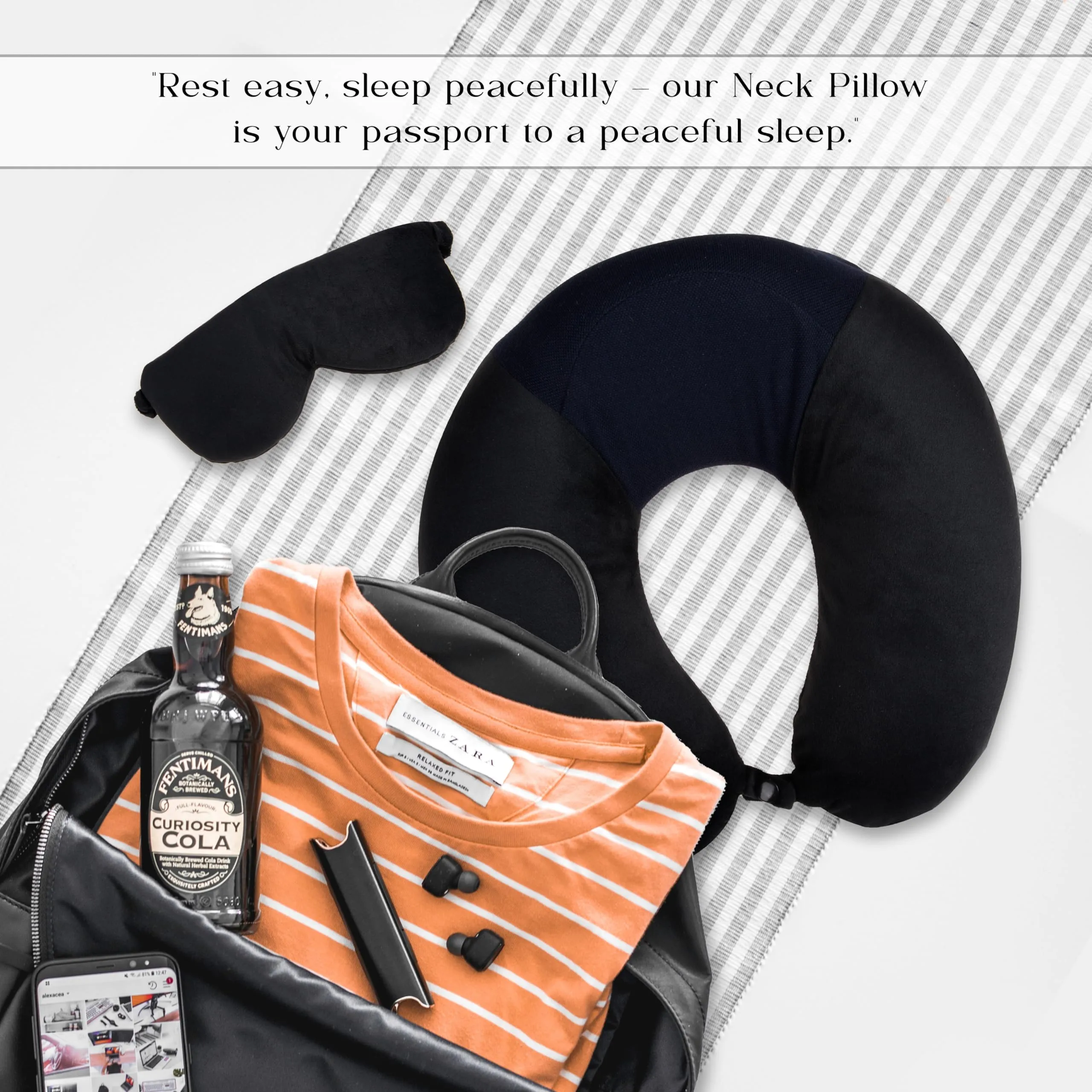 Homestic Travel Neck Pillow with Sleeping Eye Mask|Neck Support Rest Pillow|Velvet Cover with Microfiber Fillling (Black)