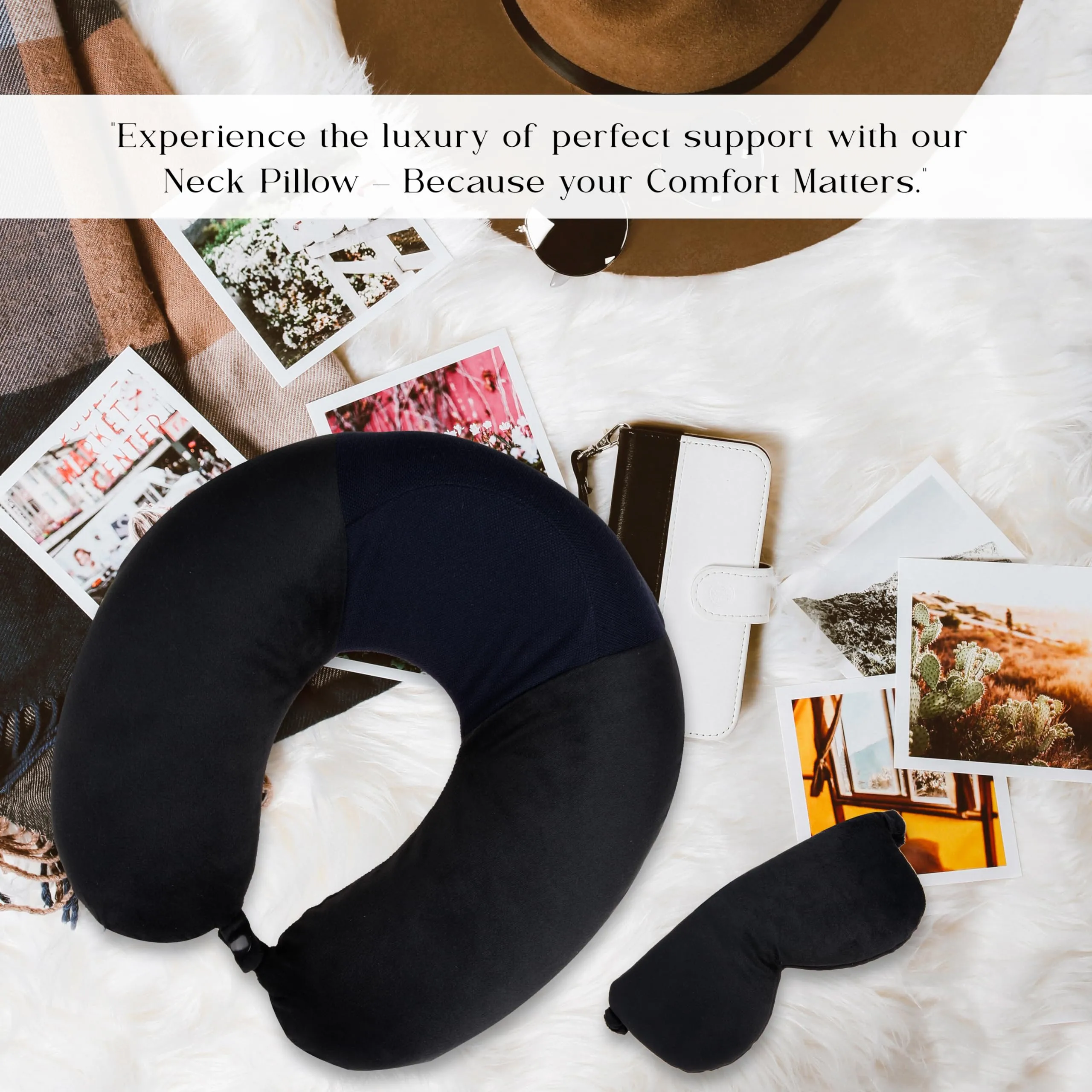 Homestic Travel Neck Pillow with Sleeping Eye Mask|Neck Support Rest Pillow|Velvet Cover with Microfiber Fillling (Black)