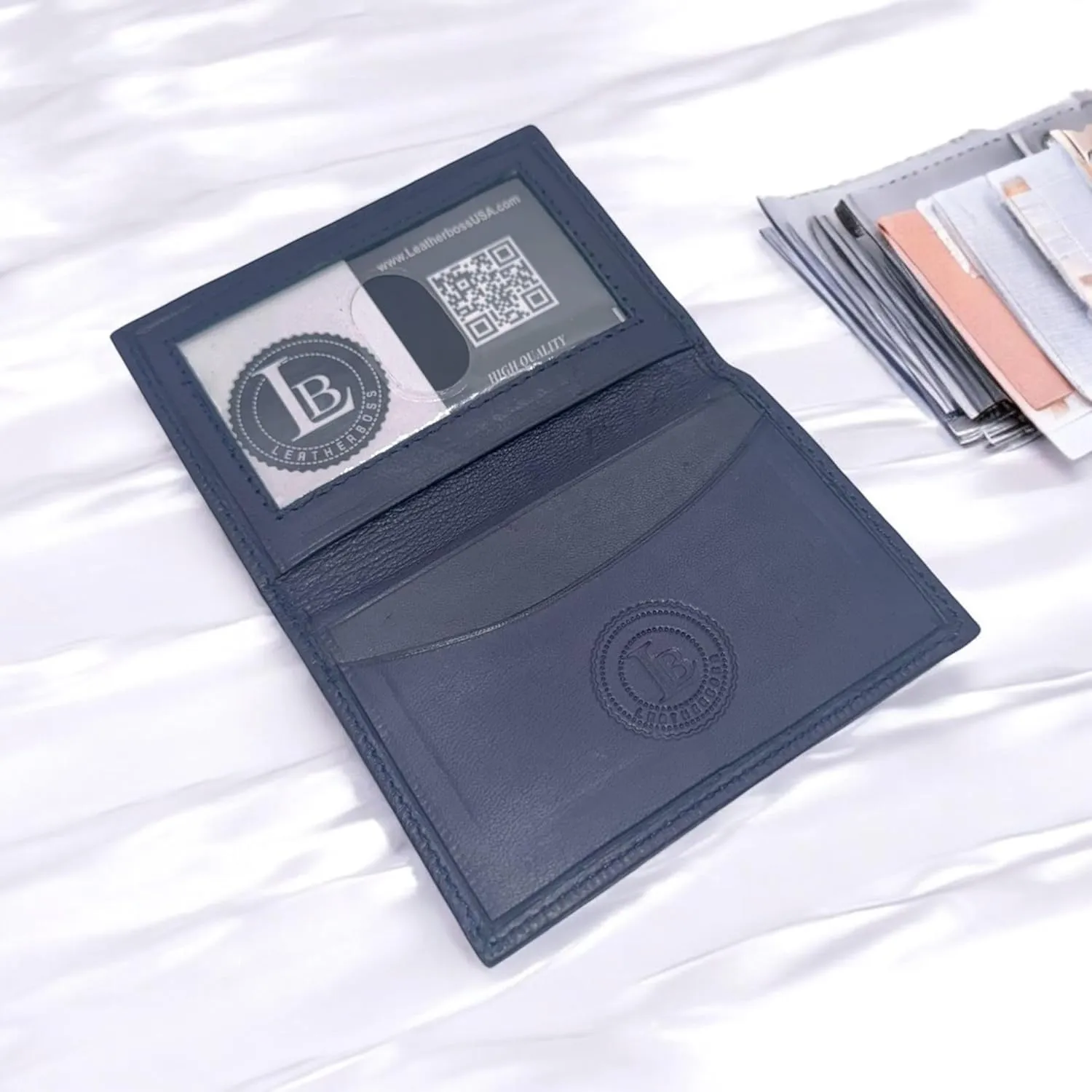 Leatherboss Slim Thin Leather Credit Card Id Mini Wallet Holder Bifold Driver's License Safe (Navy Blue)