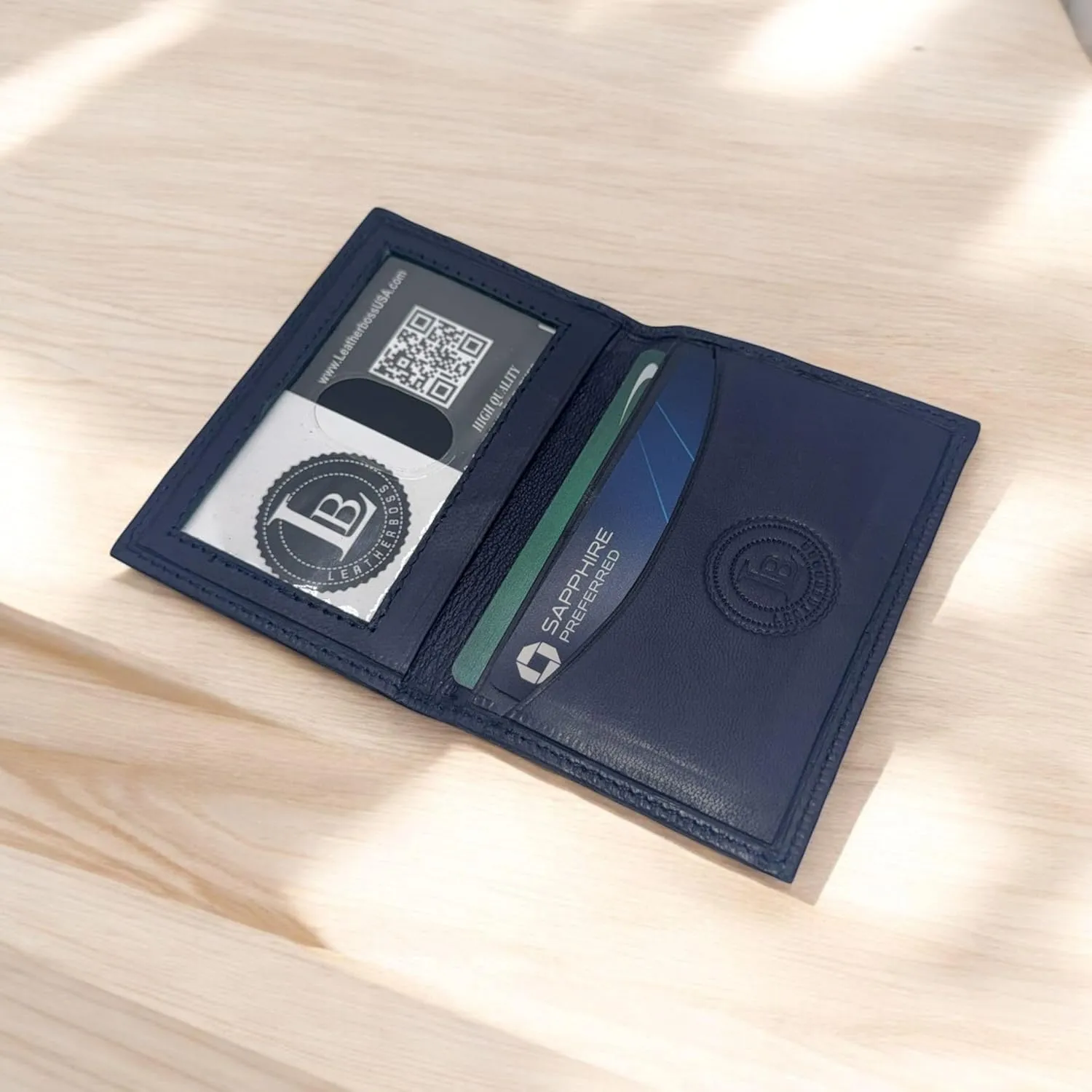 Leatherboss Slim Thin Leather Credit Card Id Mini Wallet Holder Bifold Driver's License Safe (Navy Blue)