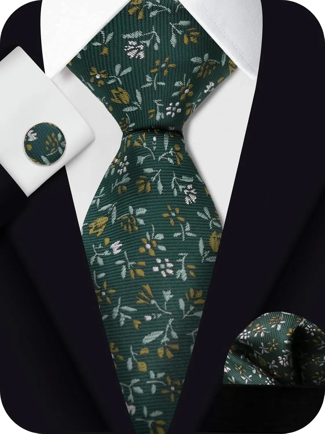 Mantieqingway Floral Ties for Men Handkerchief Cufflinks Set, Groomsmen Tie Polyester Necktie for Wedding Informal Prom Party