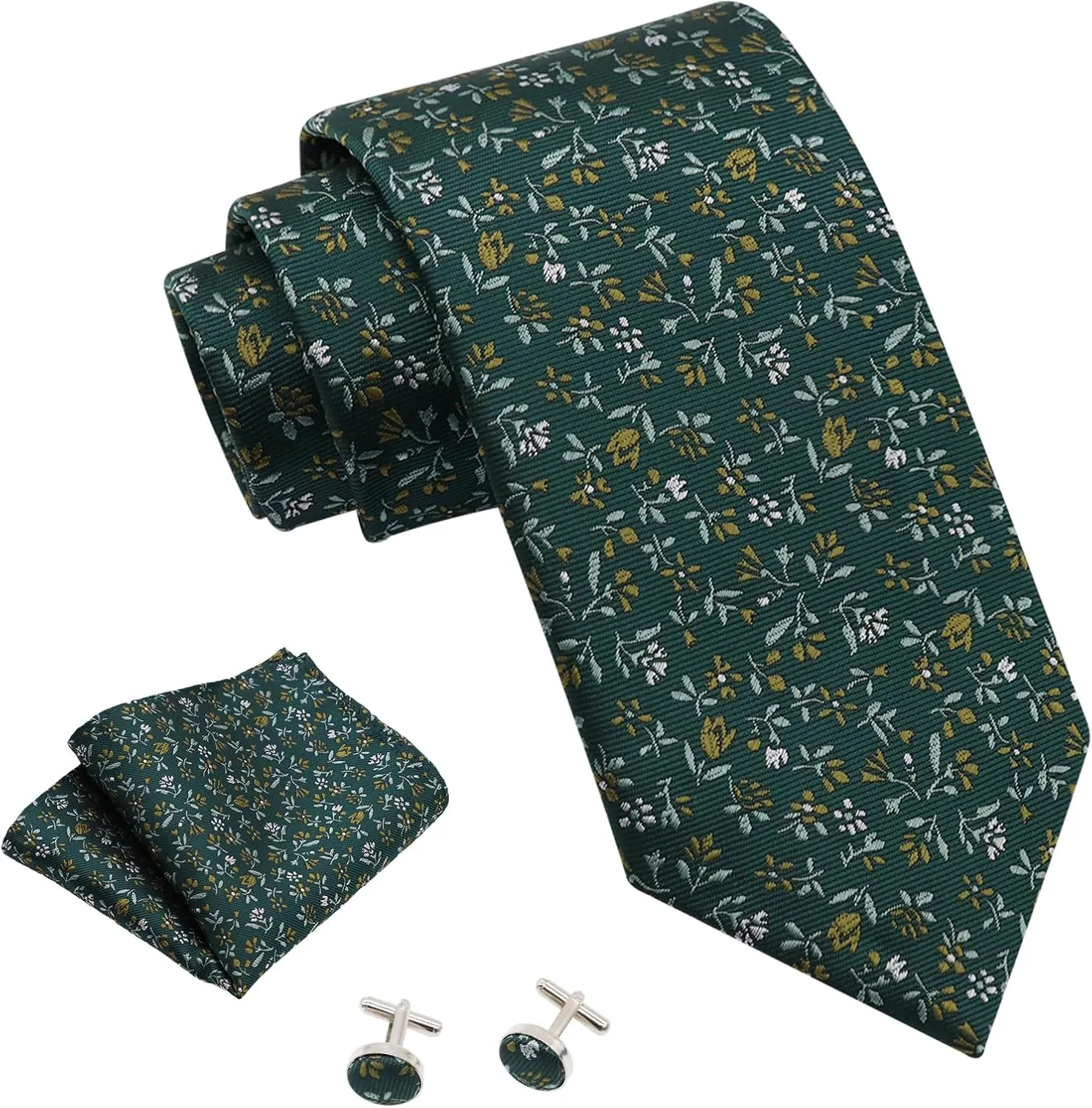 Mantieqingway Floral Ties for Men Handkerchief Cufflinks Set, Groomsmen Tie Polyester Necktie for Wedding Informal Prom Party