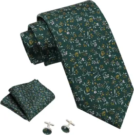 Mantieqingway Floral Ties for Men Handkerchief Cufflinks Set, Groomsmen Tie Polyester Necktie for Wedding Informal Prom Party