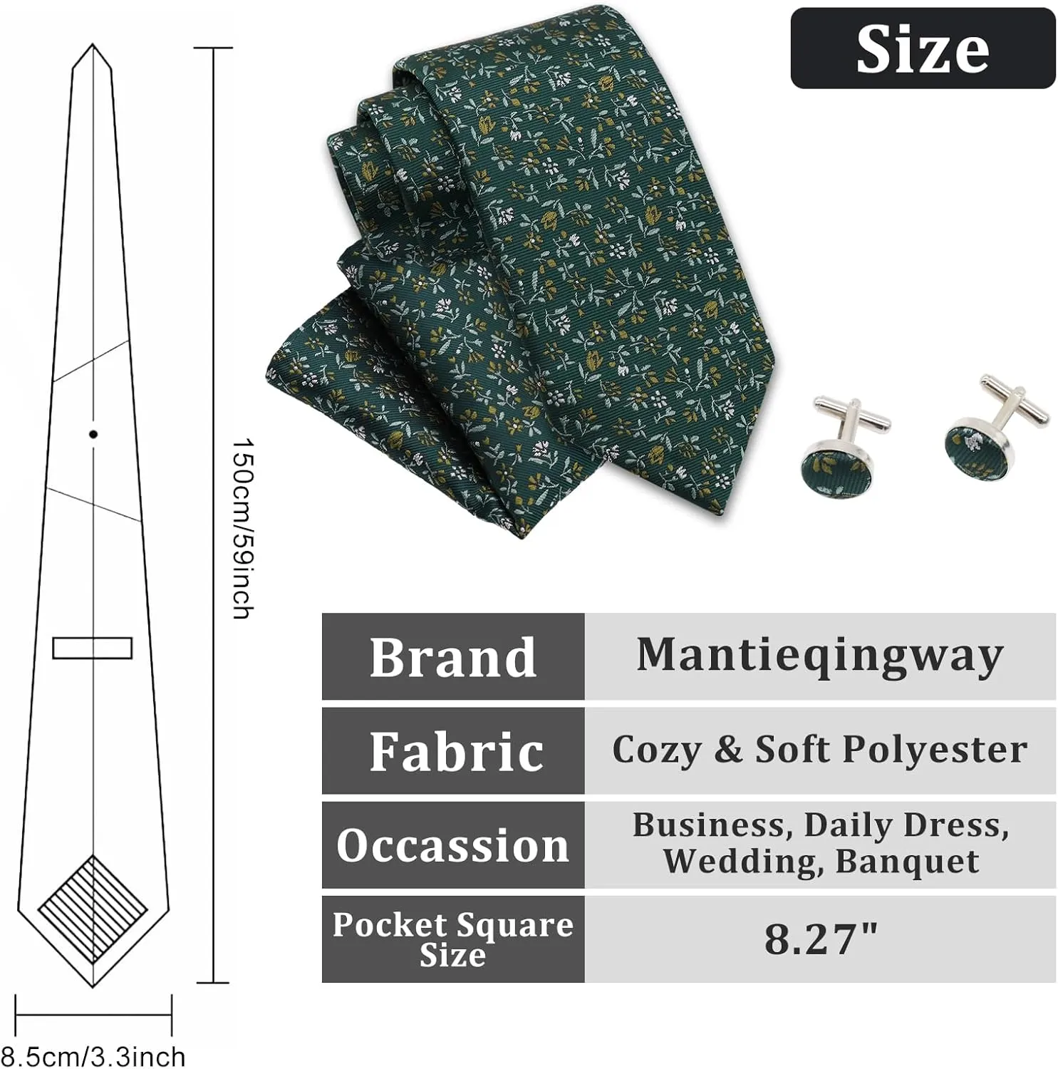 Mantieqingway Floral Ties for Men Handkerchief Cufflinks Set, Groomsmen Tie Polyester Necktie for Wedding Informal Prom Party
