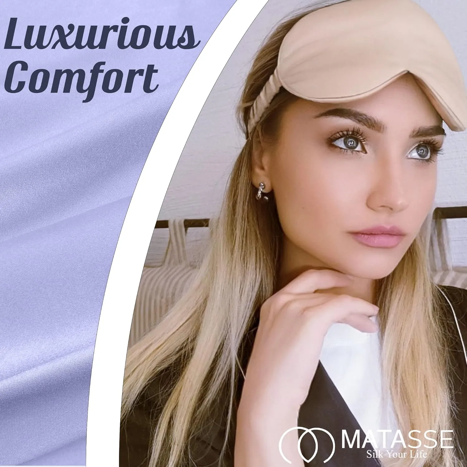 MATASSE Silk Eye Mask for Sleeping with Adjustable Elastic Band - 3D Contoured, Eye Cover Sleep Mask w/Genuine Mulberry Silk Including The Strap for Women, Men (Champagne)