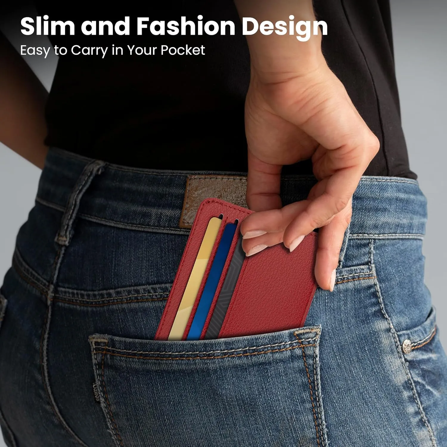 Mayski Minimalist Wallet Credit Card Holder for Women, RFID Credit Card Holder Card Cases, Slim Pocket Wallet with ID Window for Women Men, Red