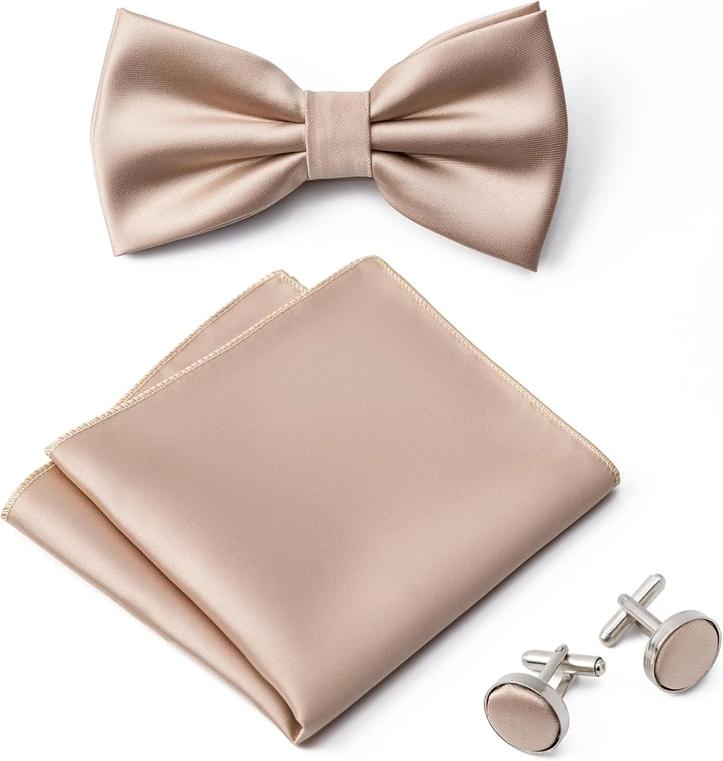 Mens Solid Color Double Fold Pre-tied Bow Tie and Pocket Square Cufflinks Set Formal Tuxedo Bowties for Wedding Party
