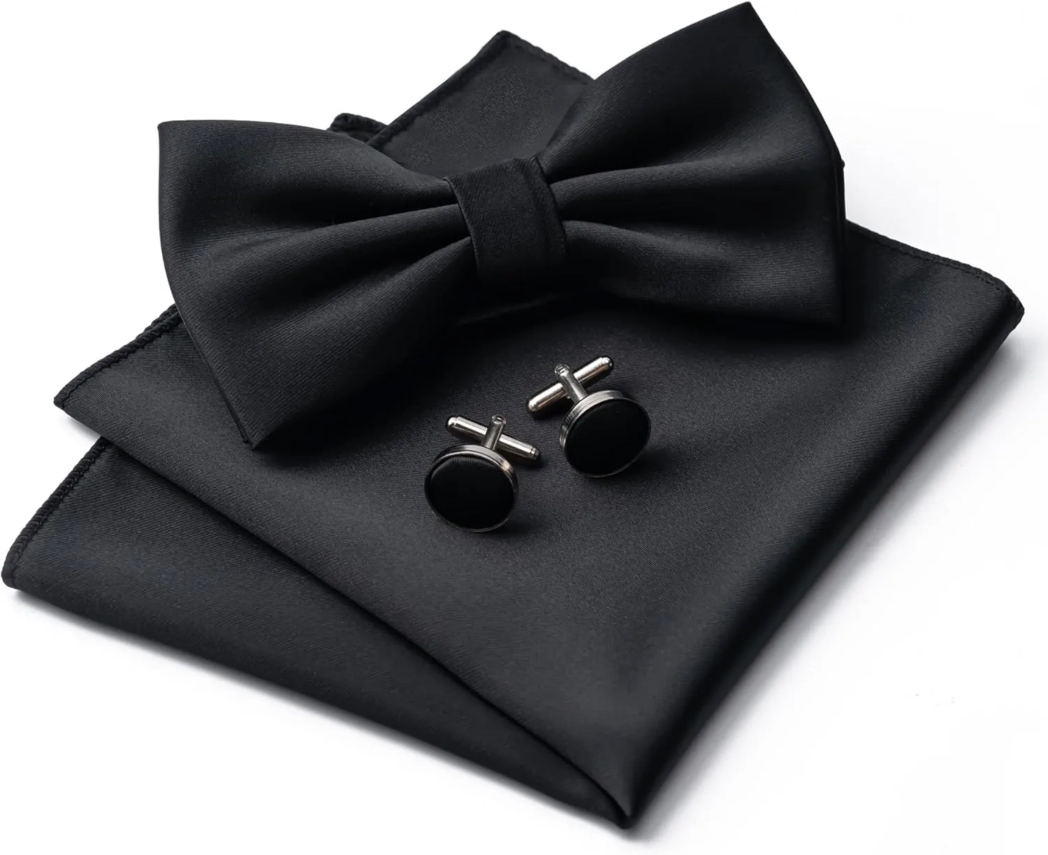 Mens Solid Color Double Fold Pre-tied Bow Tie and Pocket Square Cufflinks Set Formal Tuxedo Bowties for Wedding Party