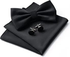 Mens Solid Color Double Fold Pre-tied Bow Tie and Pocket Square Cufflinks Set Formal Tuxedo Bowties for Wedding Party