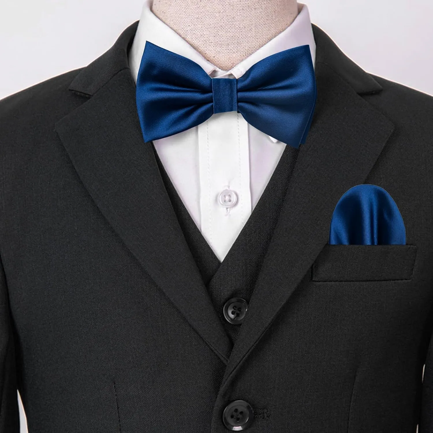 Mens Solid Color Double Fold Pre-tied Bow Tie and Pocket Square Cufflinks Set Formal Tuxedo Bowties for Wedding Party