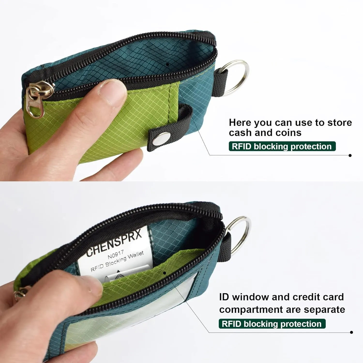 Minimalist RFID Blocking Small Wallet with ID Window,WaterResistant Zip Id Case Wallet with Lanyard Keychain for Cards,Cash,Travel,Women,Men (GreenOnion DarkGreen)
