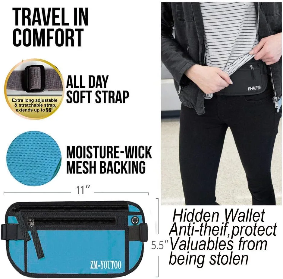 Money Belt for Travel - Hidden Travel Pouch Protect Your Credit and Money With RFID Blocking Passport Holder Waist Wallet (Blue)