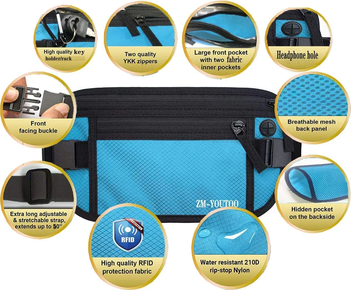 Money Belt for Travel - Hidden Travel Pouch Protect Your Credit and Money With RFID Blocking Passport Holder Waist Wallet (Blue)