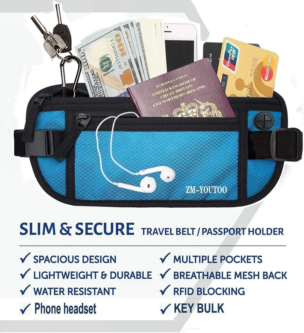 Money Belt for Travel - Hidden Travel Pouch Protect Your Credit and Money With RFID Blocking Passport Holder Waist Wallet (Blue)