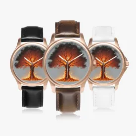 Montre à quartz classique et élégante avec bracelet en cuir (or rose) "Arbre rouge" (148)