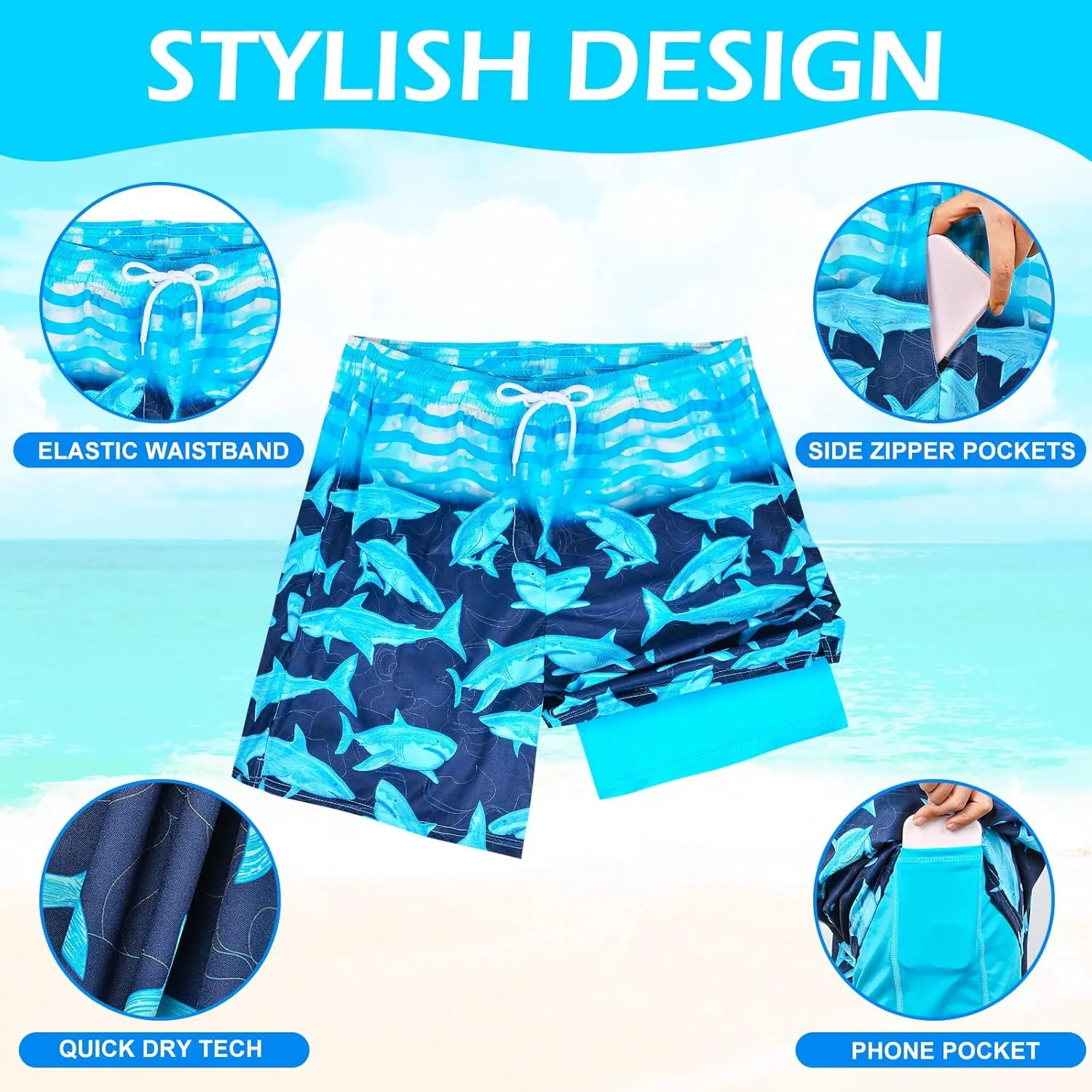 OlyPegic Men's Swim Trunks with Compression Liner Board Beach Shorts Quick Dry Swim Shorts Bathing Suits with Zipper Pock