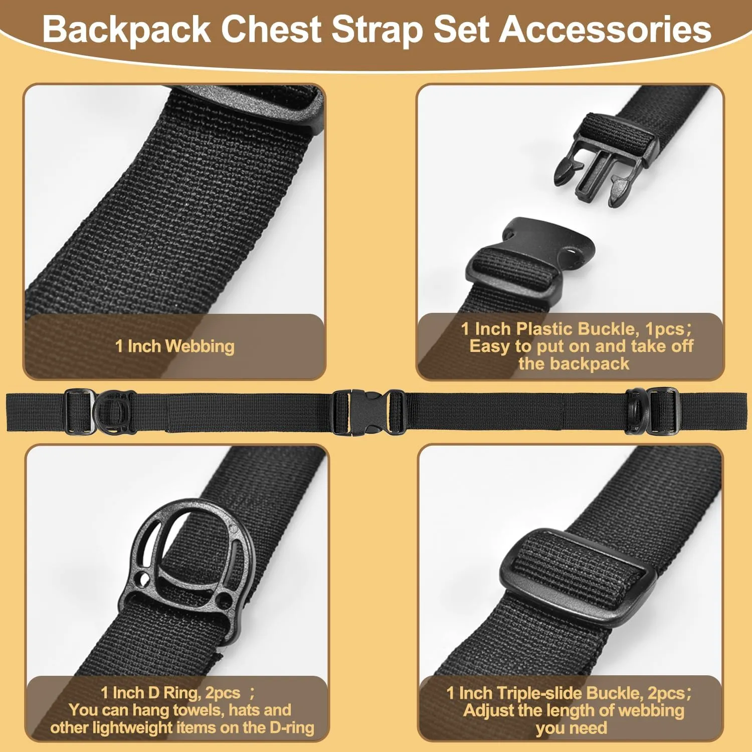 Outdoor Backpack Chest Straps, Adjustable Sternum Strap for Backpacks Replacement, Camping Hiking Backpack Straps With Quick Release Buckle (Black of 1pcs)