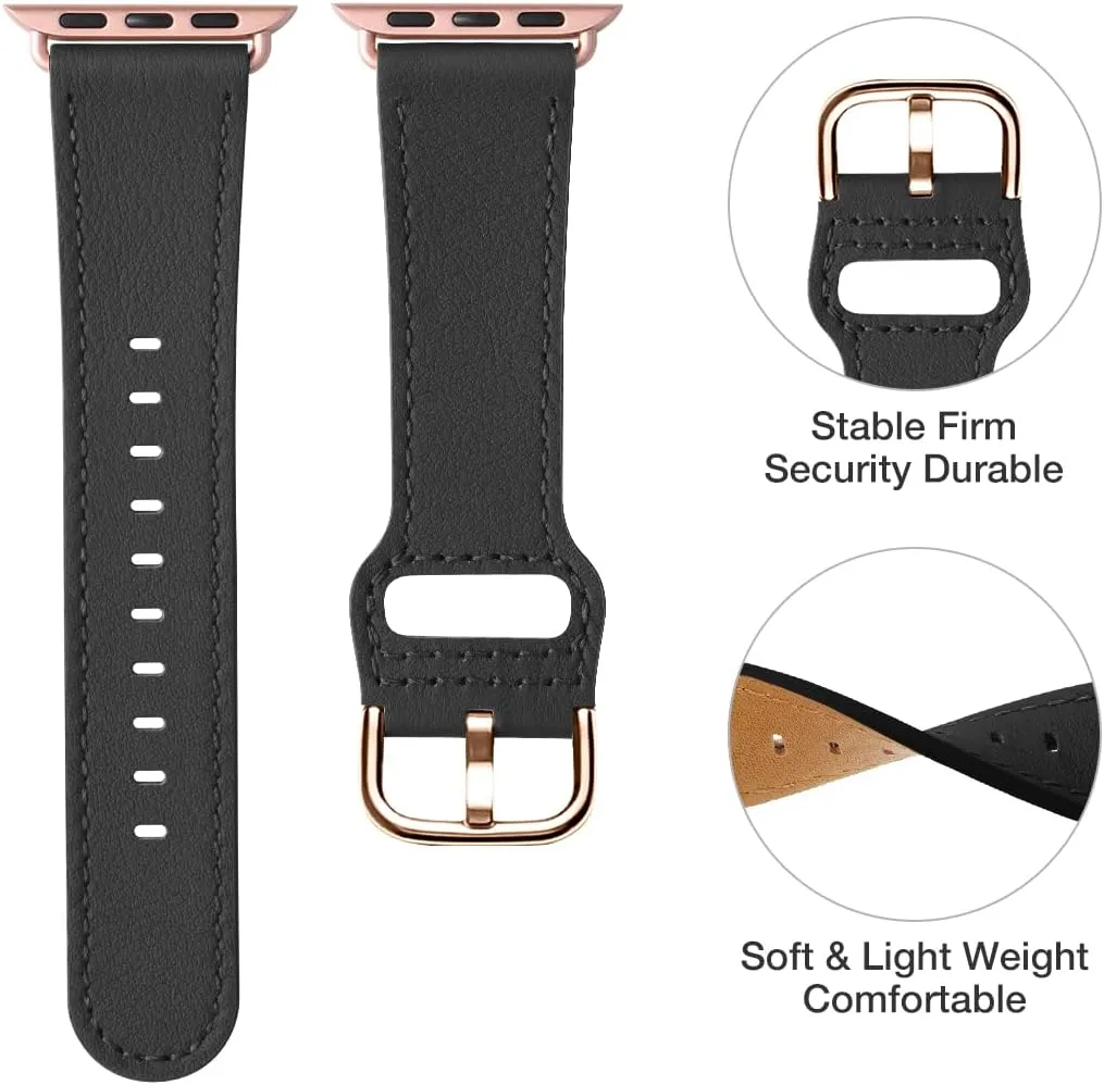 POWER PRIMACY Leather Bands Compatible with Apple Watch Band 38mm 40mm 41mm 42mm-Series 10,Genuine Leather Strap Compatible for Women Men iWatch SE Series 10 9 8 7 6 5 4 3 2 1(Black/Rosegold)