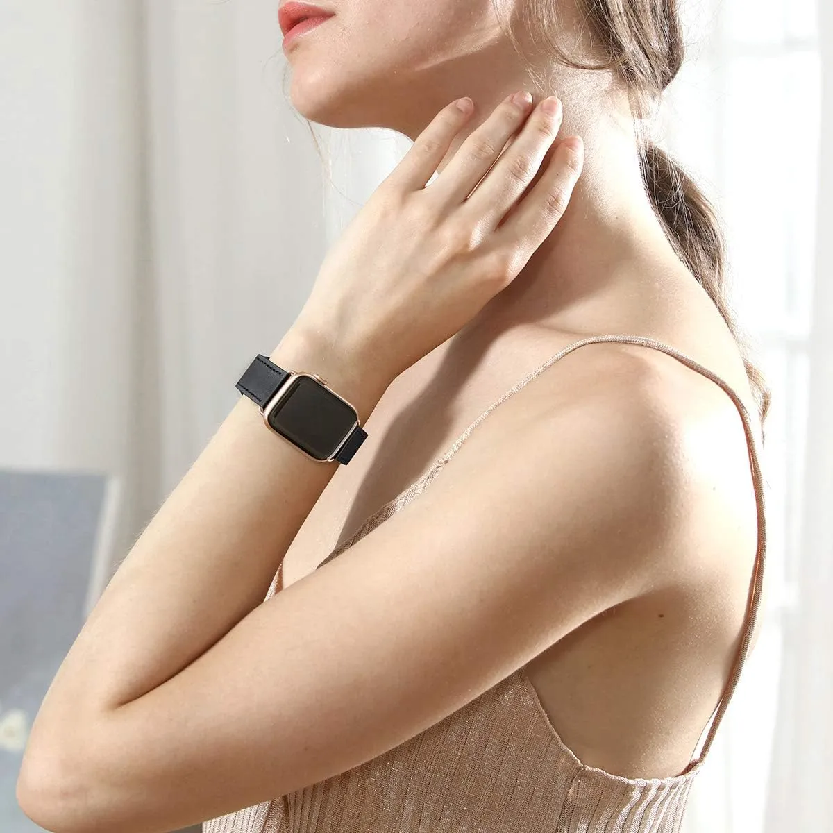 POWER PRIMACY Leather Bands Compatible with Apple Watch Band 38mm 40mm 41mm 42mm-Series 10,Genuine Leather Strap Compatible for Women Men iWatch SE Series 10 9 8 7 6 5 4 3 2 1(Black/Rosegold)