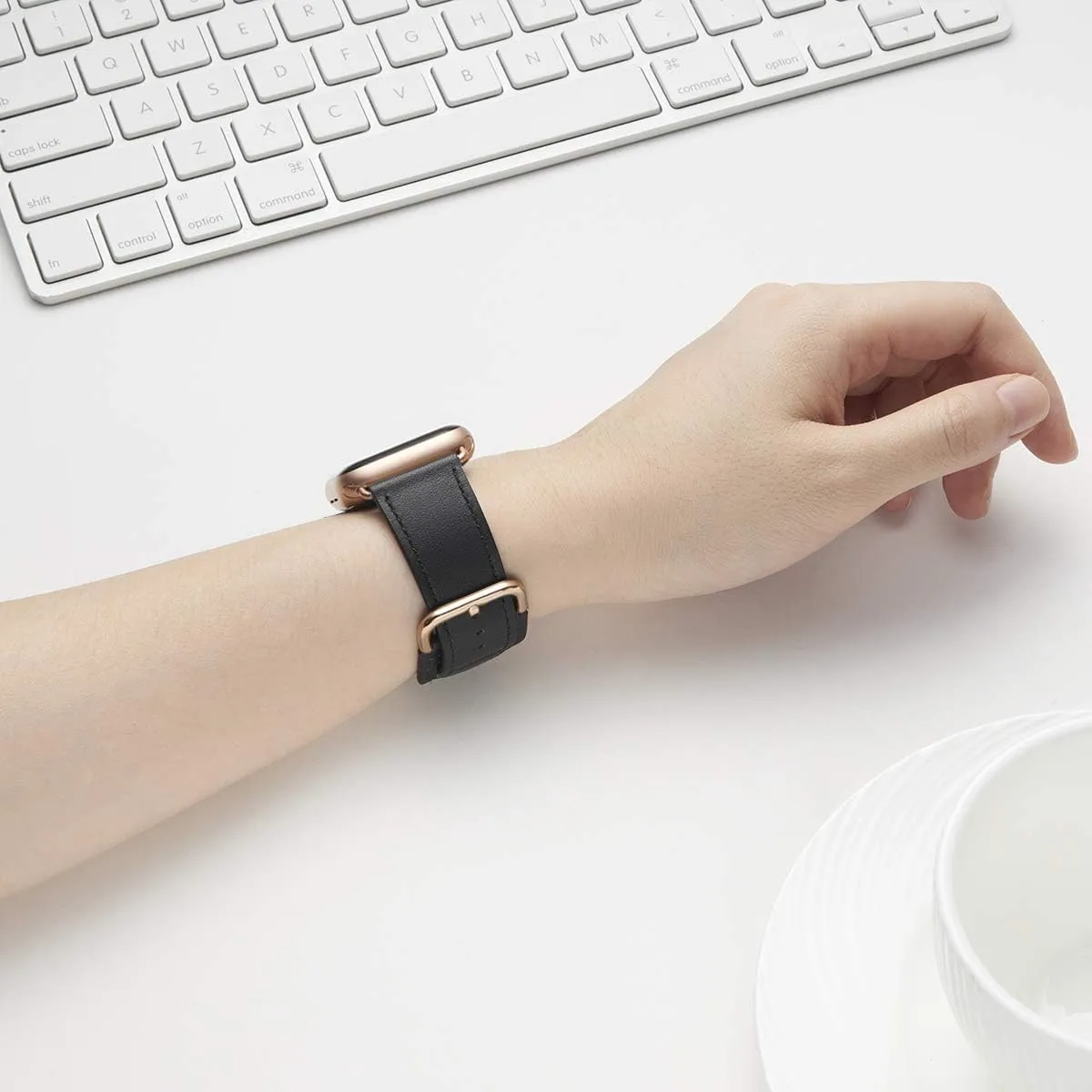 POWER PRIMACY Leather Bands Compatible with Apple Watch Band 38mm 40mm 41mm 42mm-Series 10,Genuine Leather Strap Compatible for Women Men iWatch SE Series 10 9 8 7 6 5 4 3 2 1(Black/Rosegold)