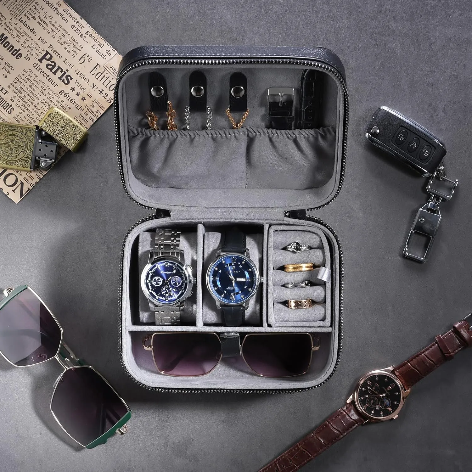 ProCase Father's Day Gift Travel Watch Case, 2 Slots PU Leather Mens Jewelry Box, Portable Watches Cufflinks Accessories Storage Case, Zippered Carrying Organizer Bag for Man -Black